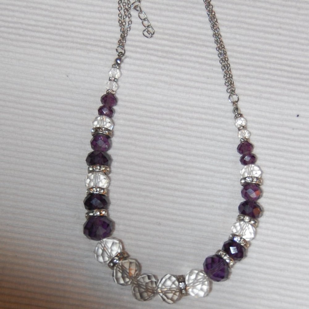 Silver Tone Crystal Necklace W/ Smokey Purple and Gray Crystals  8"